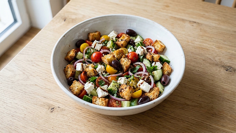 Bagetový salát: Křupavé krutony s rajčaty, fetou a olivami