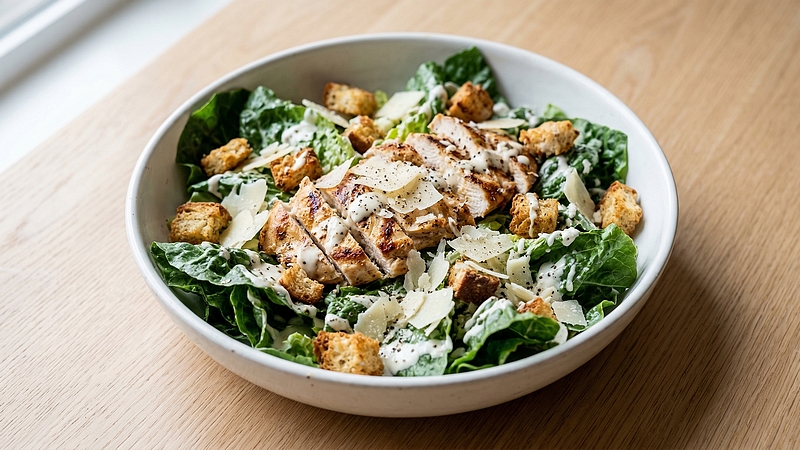 Salát Caesar s kuřetem: Křupavé krutony, římský salát a domácí dresink
