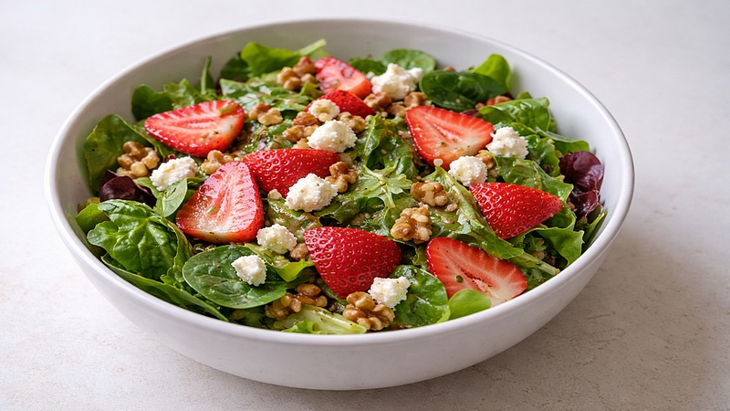 Jarní salát se sýrem: Svěží kombinace s jahodami a ořechy