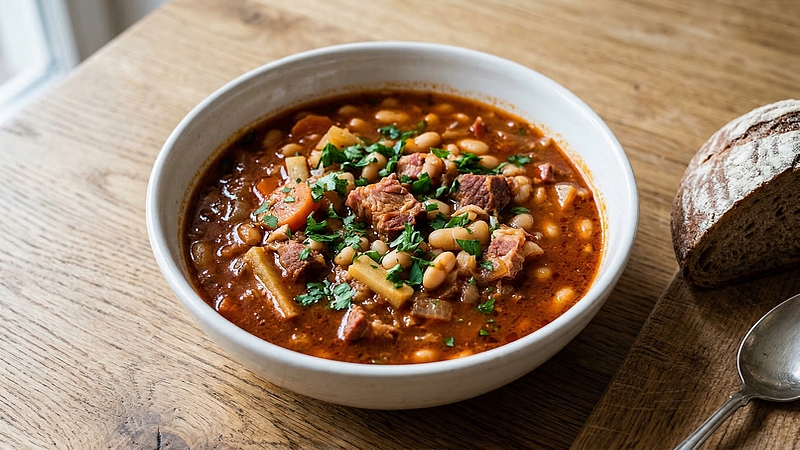 Fazolová gulášovka s uzeným masem: Hustá a sytá polévka z jednoho hrnce