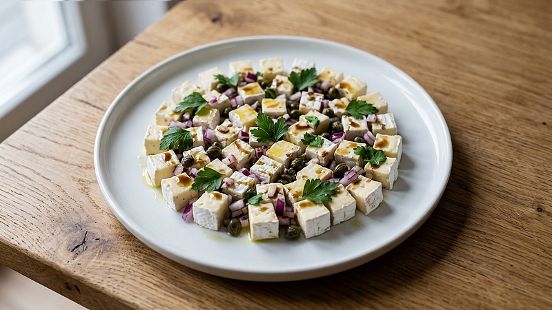 Hermelínová mozaika: Jednoduchý předkrm z hermelínu s cibulí a kapary