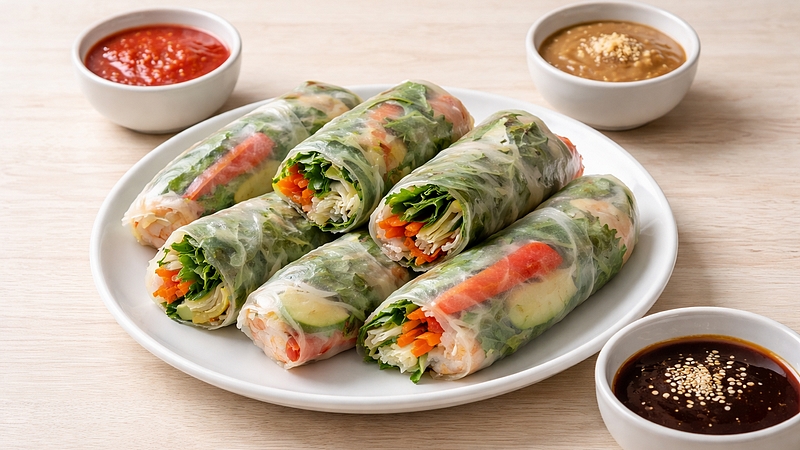 Jarní závitky: Barevná domácí verze se třemi omáčkami