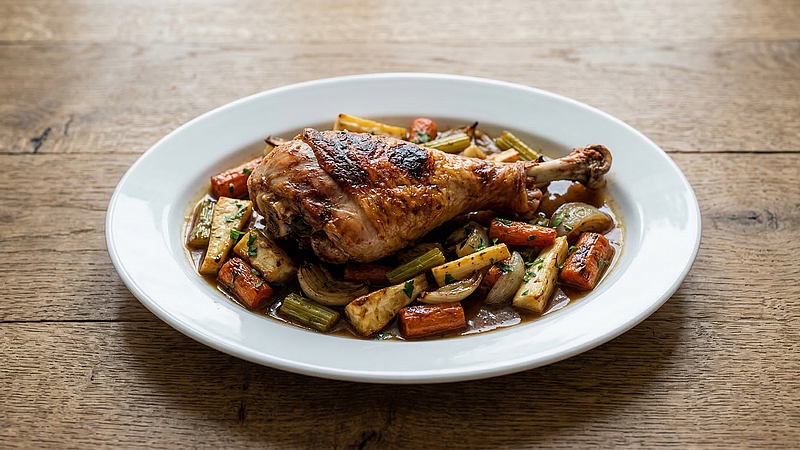 Krůtí stehno na divoko: Šťavnaté pečené maso s bylinkami a vínem