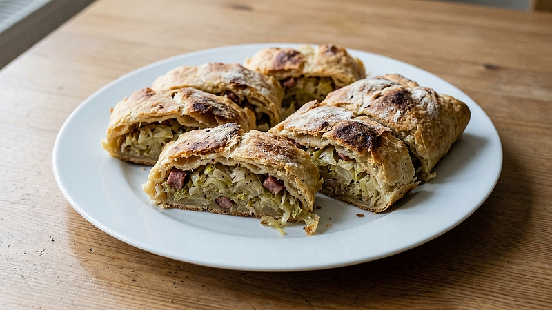 Závin se zelím a uzeným masem: Křupavý slaný závin z listového těsta