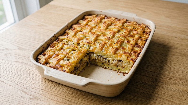 Mřížkový bramborový koláč: Slané těsto s cibulí, česnekem a sýrovou náplní