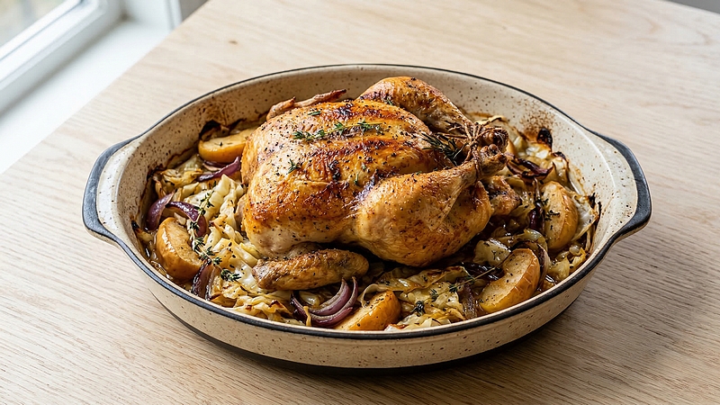 Pečené kuře na zelí s medem: Šťavnaté kuře s karamelizovaným zelím a jablkem