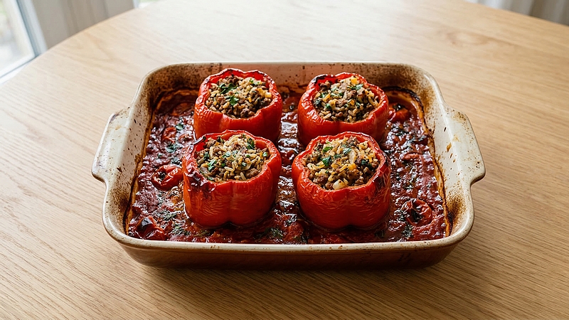 Pečené plněné papriky v rajské omáčce: Klasický rodinný recept z jednoho pekáče