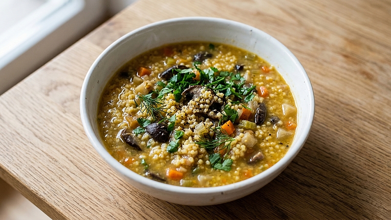 Jáhlová polévka s houbami: Výživný hrnec plný zemité chuti a vůně lesa