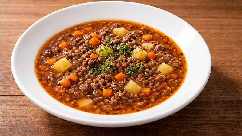 Polévka z mletého masa: Vydatný hrnec plný zeleniny a vůně koření