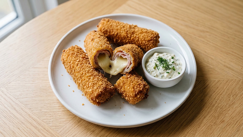 Smažené šunkové rolky se sýrovou náplní: Křupavé rolky s rozteklým sýrem uvnitř