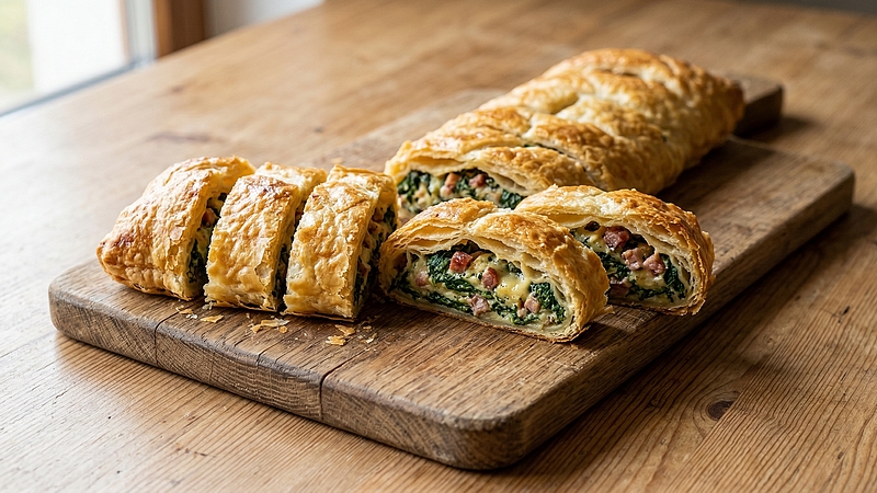 Špenátový závin se slaninou a sýrem: Křupavé listové těsto plné chuti