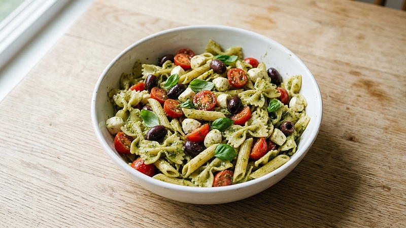Těstovinový salát s pestem: Rychlý pokrm s mozzarellou, olivami a bazalkou