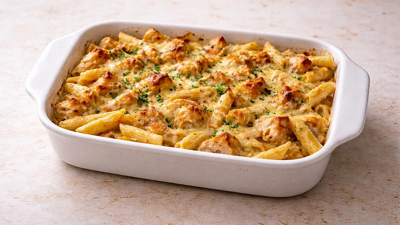 Zapékané těstoviny s kuřecím a smetanou