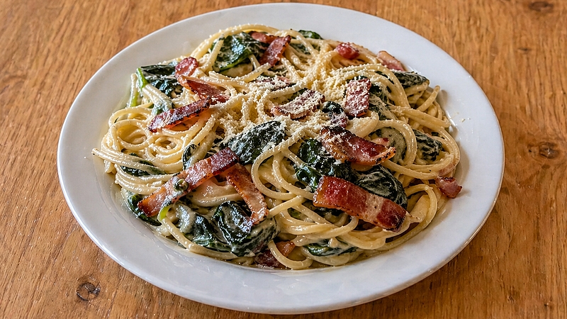 Česnekové těstoviny se slaninou a špenátem