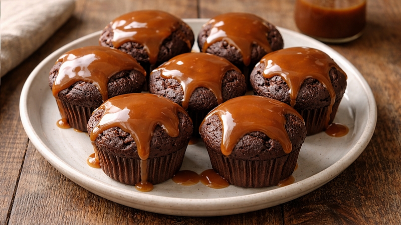 Domácí čokoládové muffiny s karamelovou polevou: Nadýchané a vláčné