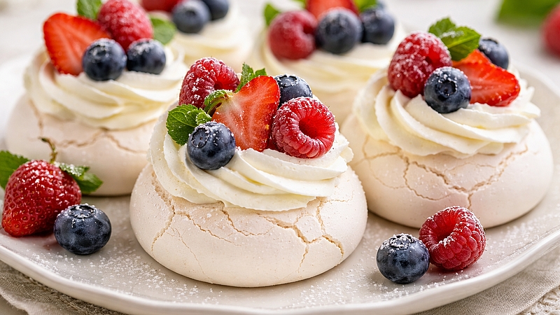Mini Pavlovy: Křehký dezert se šlehačkou a ovocem