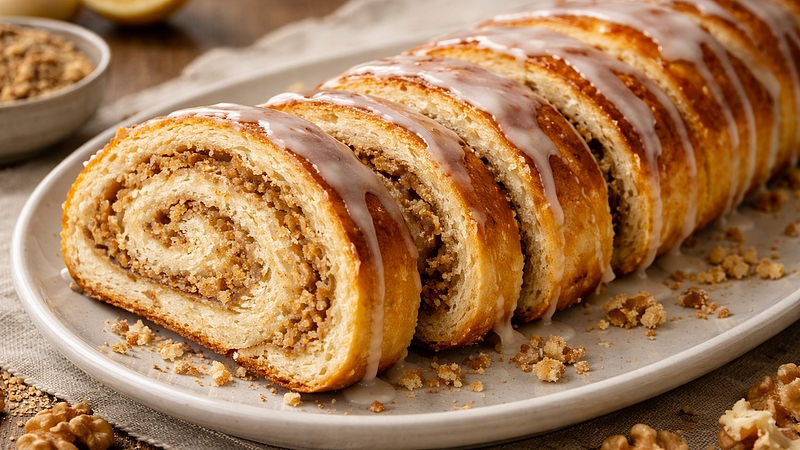 Oříškový závin s citronovou polevou: Voňavý kynutý dezert