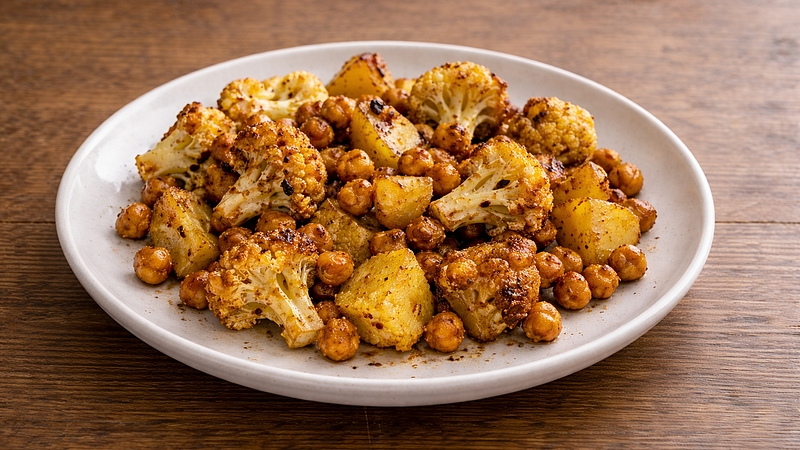 Pečený květák s cizrnou a bramborami: Křupavý a voňavý plech