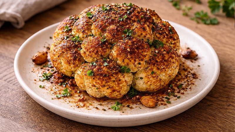 Pikantní květák pečený vcelku: Voňavý a křupavý z trouby