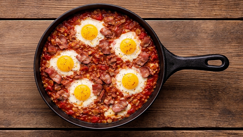 Vejce na maďarský způsob se slaninou a paprikou