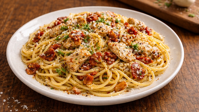 Pikantní špagety s kuřecím masem, slaninou a česnekem