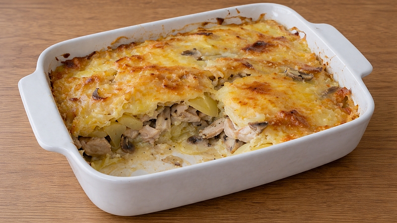 Zapečené brambory s kuřecím masem a žampiony: Smetanová klasika z trouby