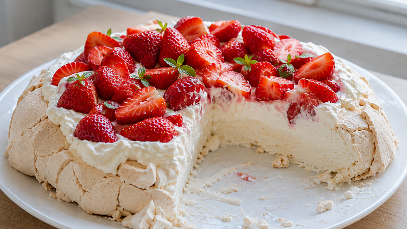 Jahodová Pavlova se šlehačkou a čerstvými jahodami