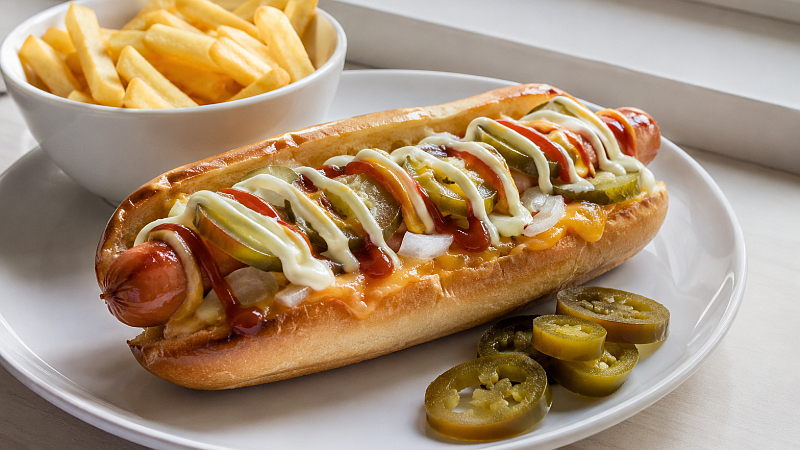 Domácí hot dog s cibulí, okurkou a rozpuštěným sýrem